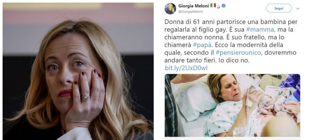 giorgia meloni commento donna partorisce figlio gay