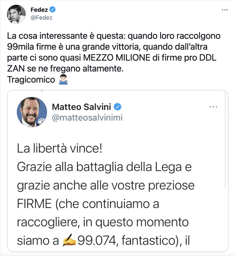 Ddl Zan, Fedez attacca la Lega e Salvini risponde ...