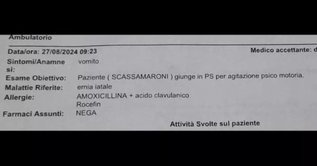 Va al pronto soccorso con dei dolori allo stomaco, viene dimesso e definito “paziente scassamaroni” nel referto